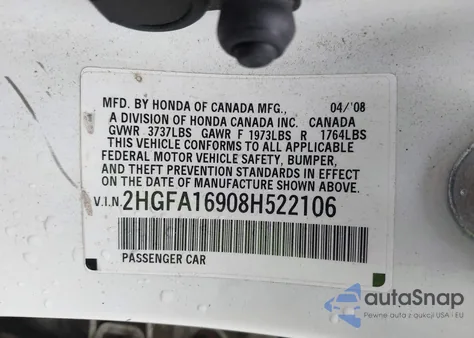 2008 Honda Civic Ex-L z USA, uszkodzony, nr VIN 2HGFA16908H522106